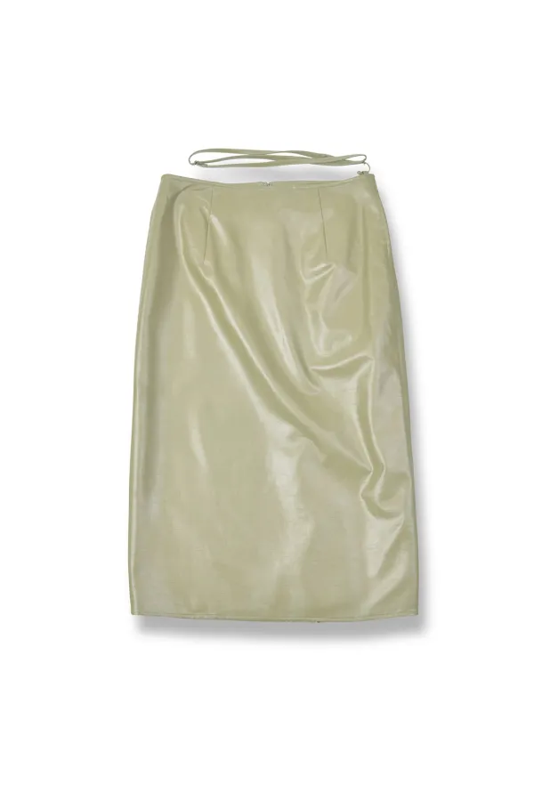 W Crack Leather Midi Skirt, Olive