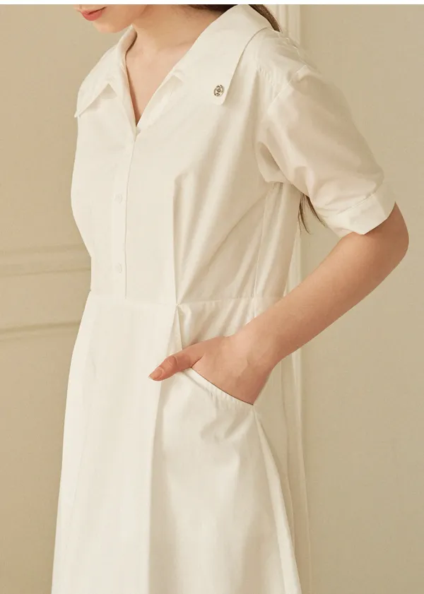  [44-120]  Apfelblueten M-Point Open Collar Long Dress  아펠블뤼텐 엠-포인트 오픈 카라 롱 드레스 (여름-바캉스룩-여행룩-마실룩-데일리룩-출근룩-오피스룩-셔츠원피스-브이넥-플레어라인-자체제작) 