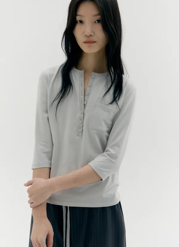 [SOLD OUT] ROUND HENLEY NECK T-SHIRTS, LIGHT GRAY
