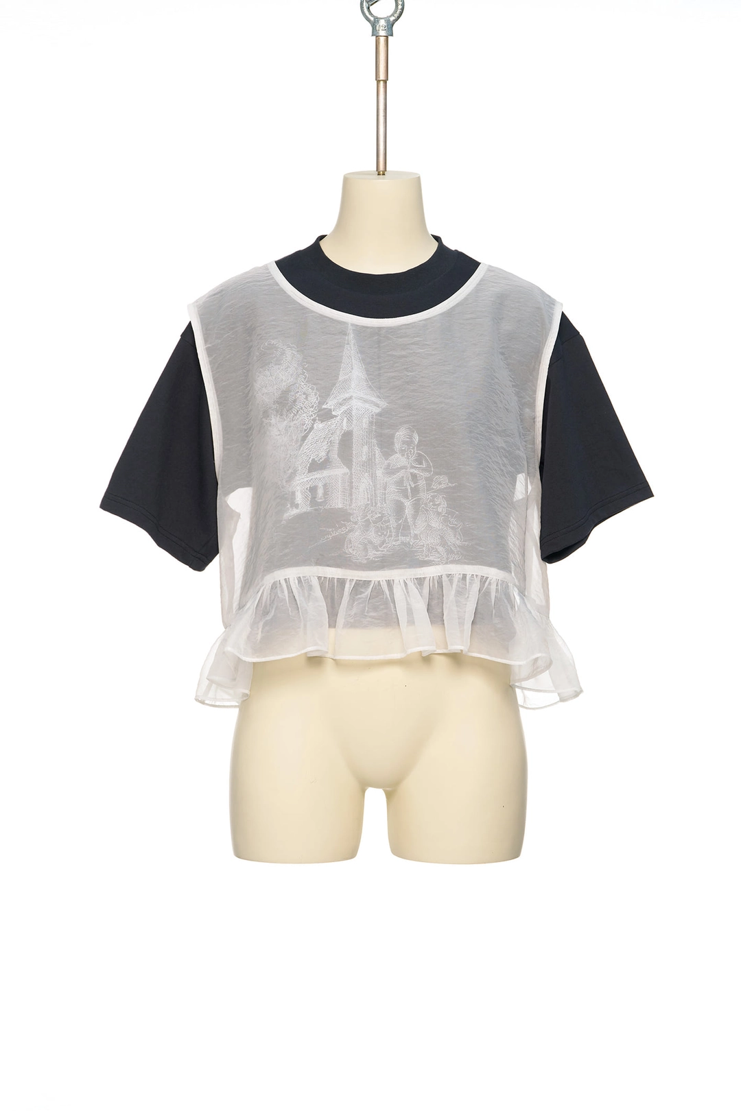 푸쉬버튼 PS26 DARK GRAY SHEER LAYERED CROP TOP 상품 이미지 1