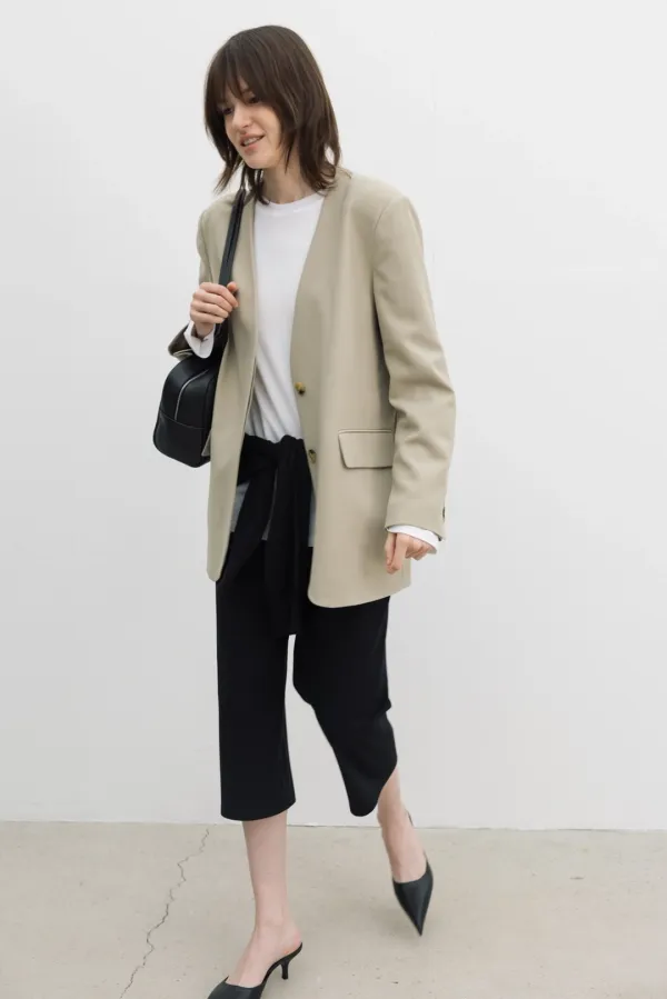 Collarless V-Neck Wool Jacket (Beige)