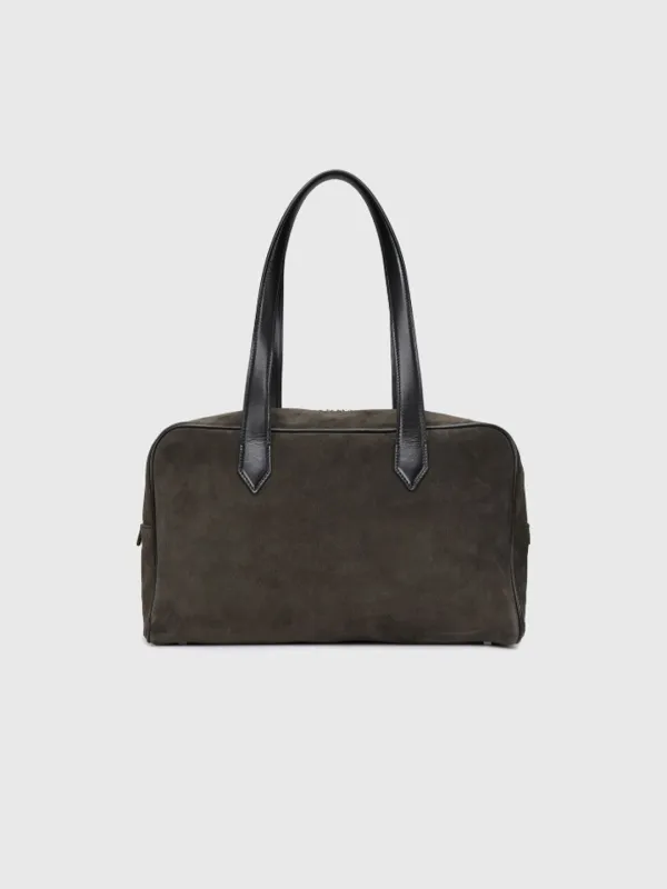 (W) LEATHER TRIM SUEDE SQUARE VALISE BAG_ DARK PECAN