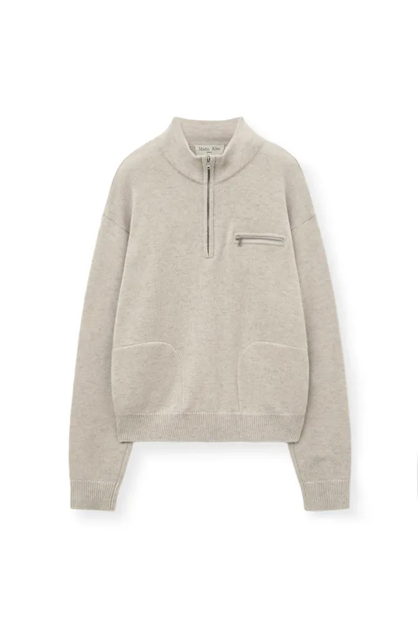 BACK LOGO HALF KNIT ZIP UP PULLOVER FOR WOMEN IN LIGHT BEIGE