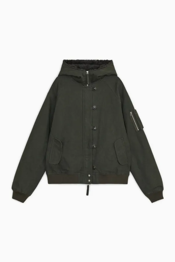 BUTTON HOODED BOMBER JACKET, KHAKI