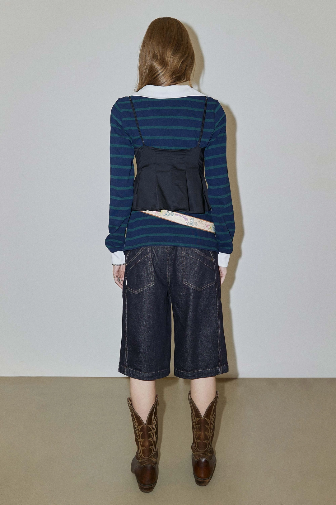 스컬프터 Shirring Tennis Shirt Navy/Green Stripe 상품 이미지 3