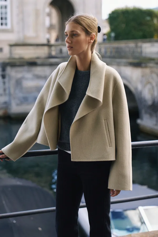 Cashmere 10% Handmade High Neck Short Jacket [LMBFWICT719]-Moss Beige