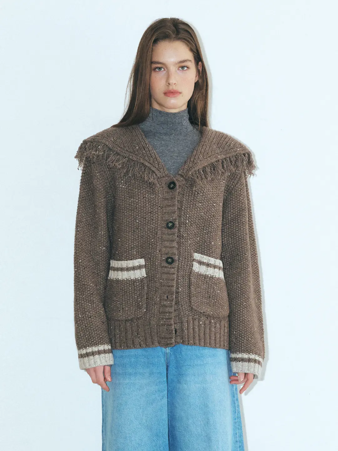 에트몽 Fringe Sailor Wool Knit Cardigan, Mocha Brown 상품 이미지 2