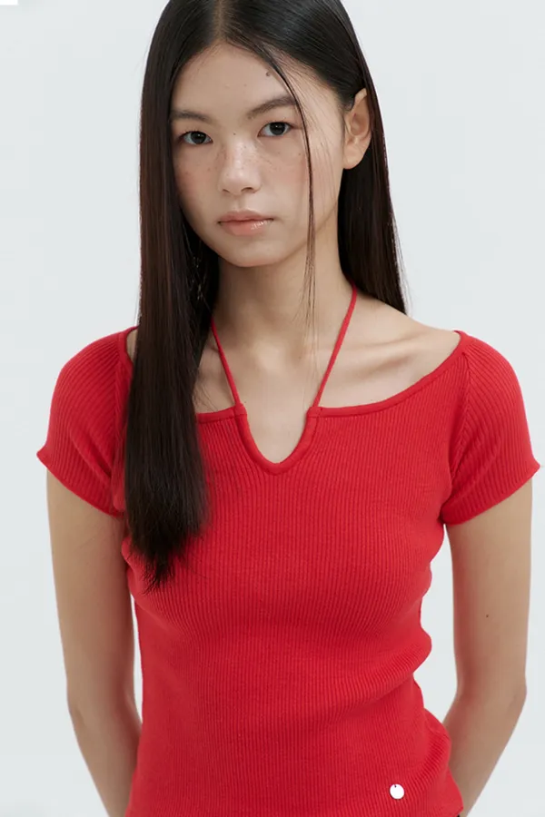 Strap Neck Ribbed Knit Top (red)