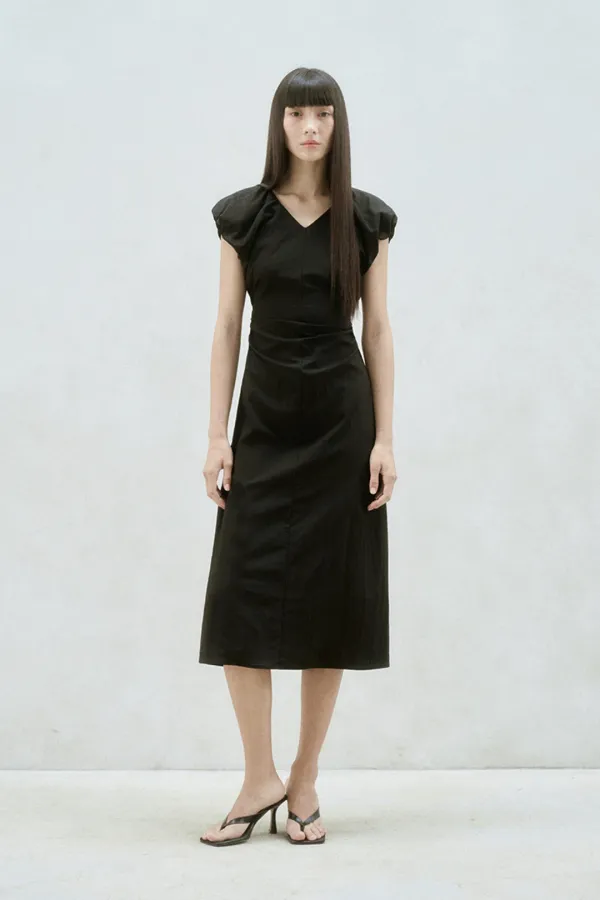 SLIT BACK PUFF SLEEVE MIDI DRESS