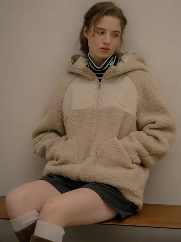 Logo embroidered fleece hoodie zip-up [KNFW05JP04]_Beige