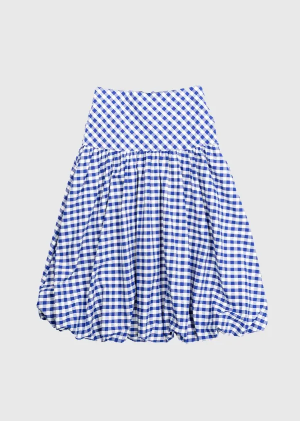 RUFFLE PLEATED BALLOON CHECK SKIRT - BLUE CHECK