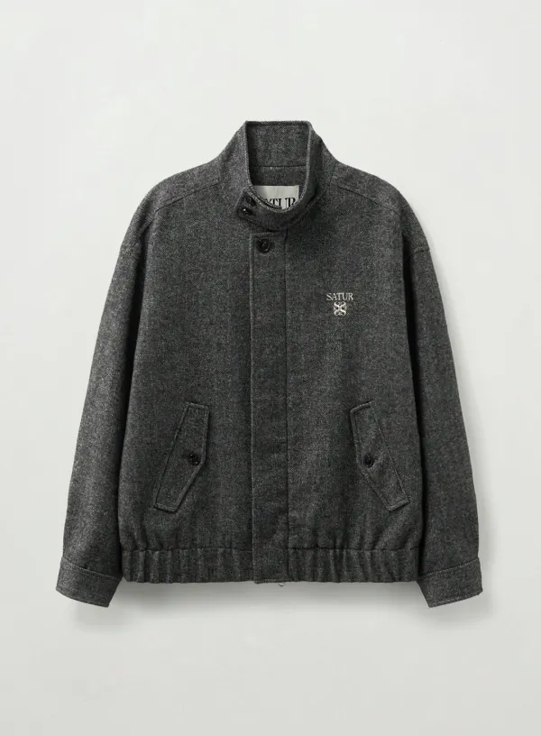 Herringbone Wool Blend Blouson Jacket - Charcoal
