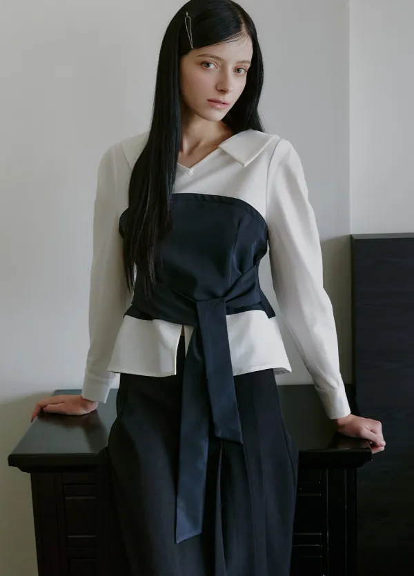 [44-120] Plierose Contrast Top Blouse 플라에로즈 컨트라스트 블라우스 (가을-봄-하객룩-격식룩-오피스룩-출근룩-데일리룩-긴팔블라우스-오픈넥-브이넥블라우스-가을하객룩-배색-자체제작)