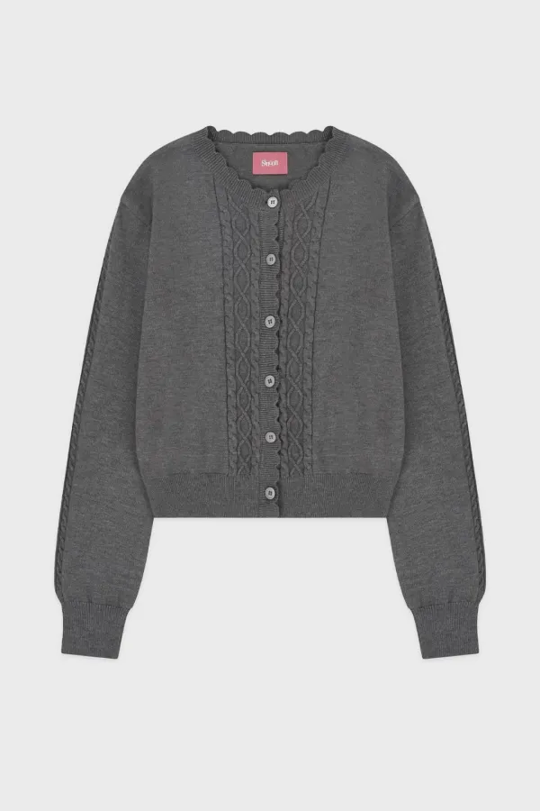 Mixed Cable Scallop Knit Cardigan (Grey)