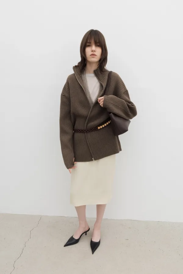 [2nd] [Exclusive] High-Neck Zip Up Knit (Ivory / Khaki / Dark Gray)