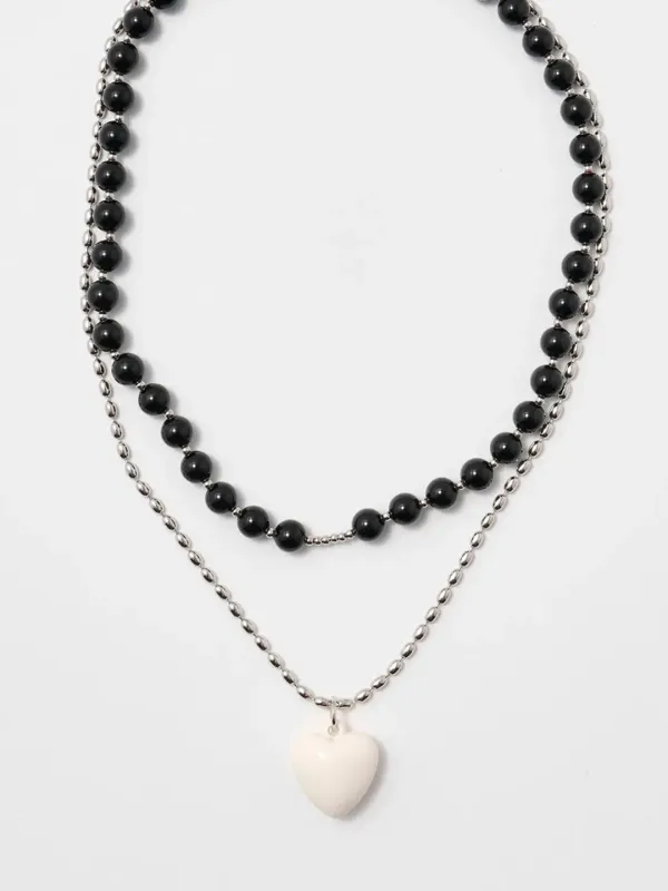 [BEST][수지,윤은혜,르세라핌 홍은채 착용]Color Jamstone and Heart Layered Necklace[set]-Black & White