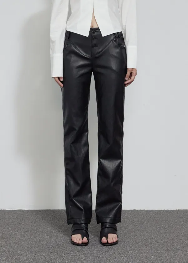 BUTTON LEATHER STRAIGHT PANTS, BLACK