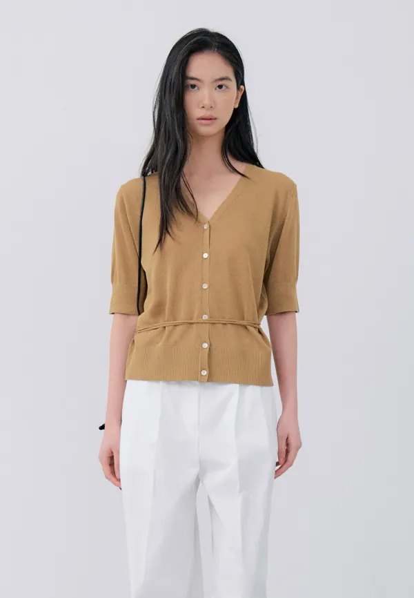 LINEN HALF V NECK CARDIGAN - CAMEL