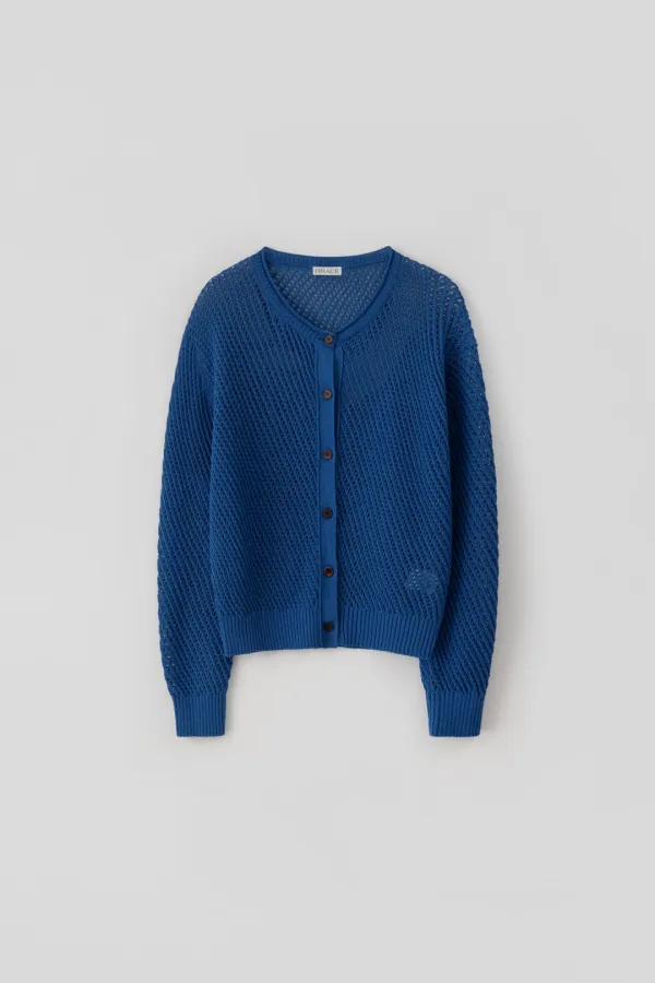 Loose Round Neck Knit Cardigan_Blue