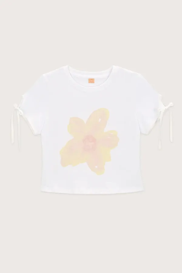 Printed Ribbon Sleeve T-Shirt (Peach)