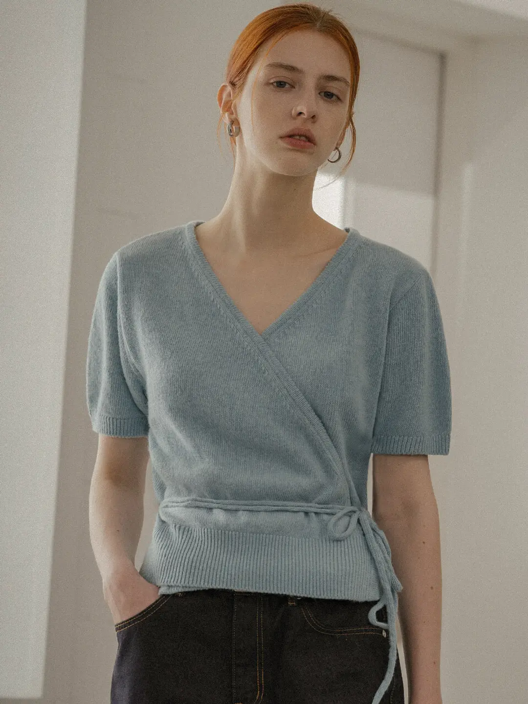 노운베러 V-neck wrap half sleeved cardigan_Mint 상품 이미지 2