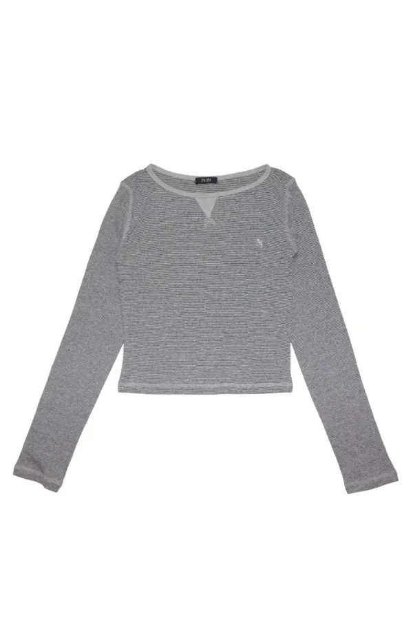 STITCH STRIPE BOAT NECK LONG SLEEVE GRAY