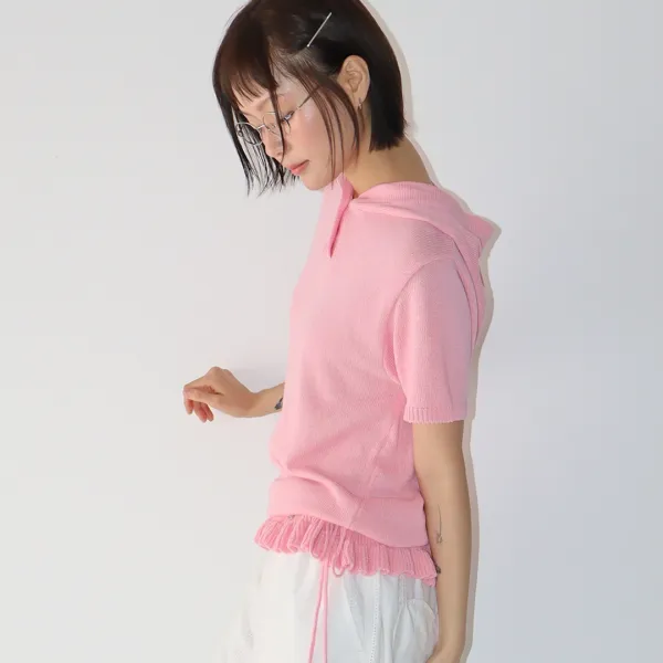 BUTTON HOODED FRILL HALF SLEEVE KNIT SOFT PINK