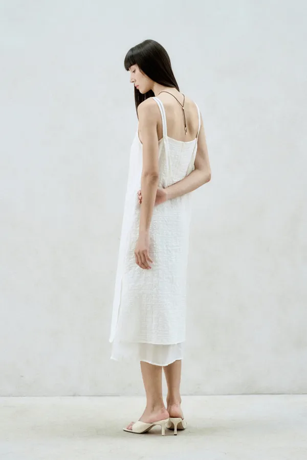 CHECKED-CHIFFON LAYERED MIDI DRESS WHITE