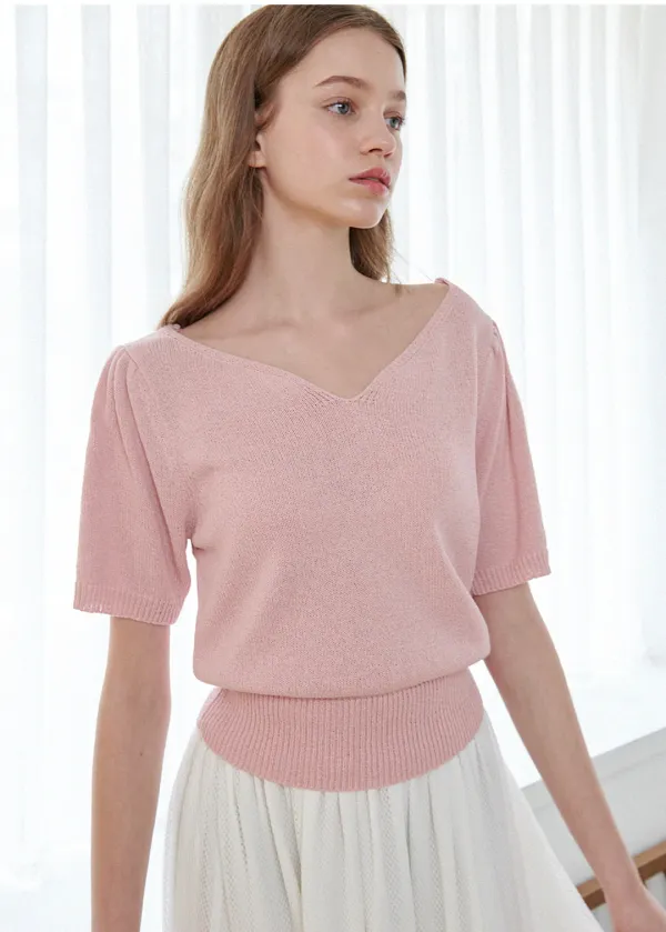  [44-120]  Bloom Heart neck Knit  블룸 하트넥 니트 (여름-데일리룩-출근룩-하객룩-격식룩-오피스룩-고급-니트-반팔-하트넥-세미크롭-빅사이즈-자체제작) 