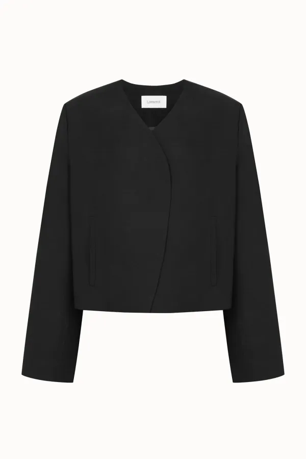 V-Neck Curved Short Jacket[LMBFSPJK110]-Black