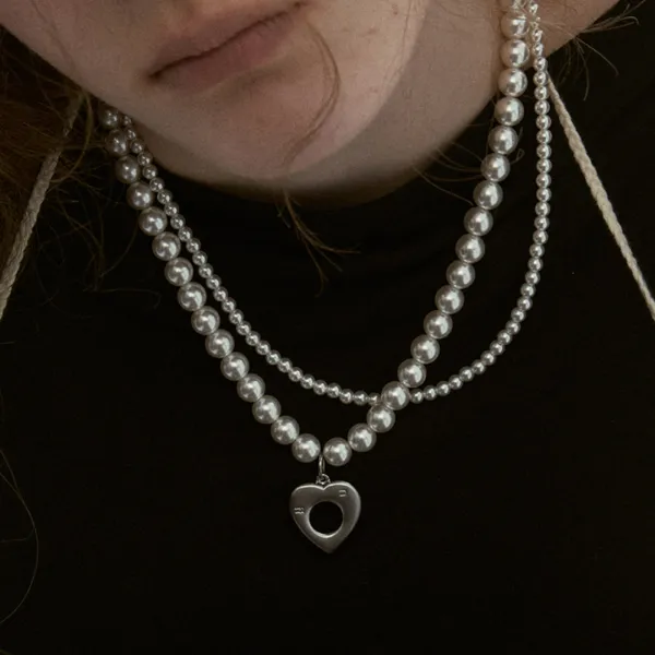 heart double pearl necklace-silver
