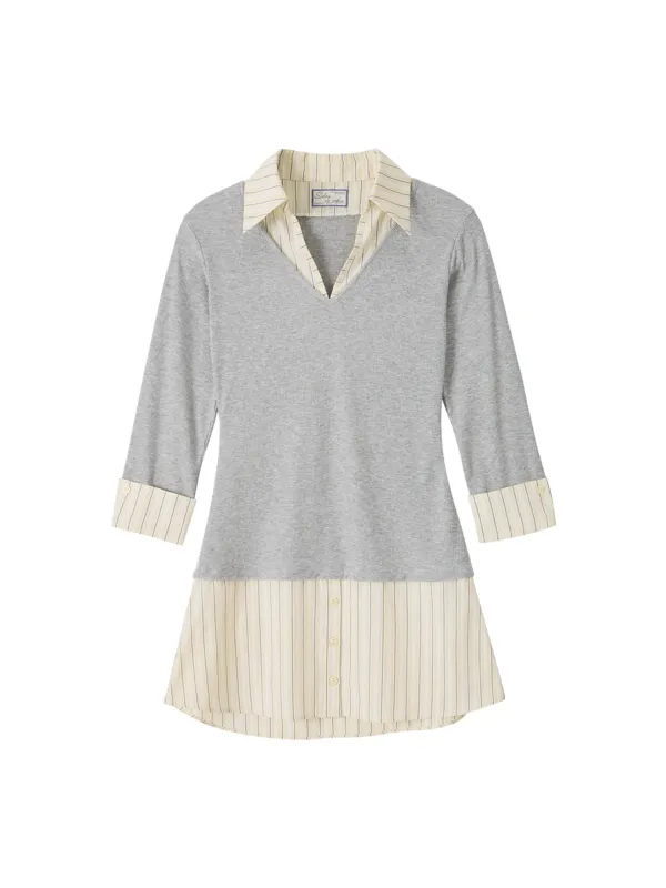 Striped Shirt Detail Jersey Dress_ Gray