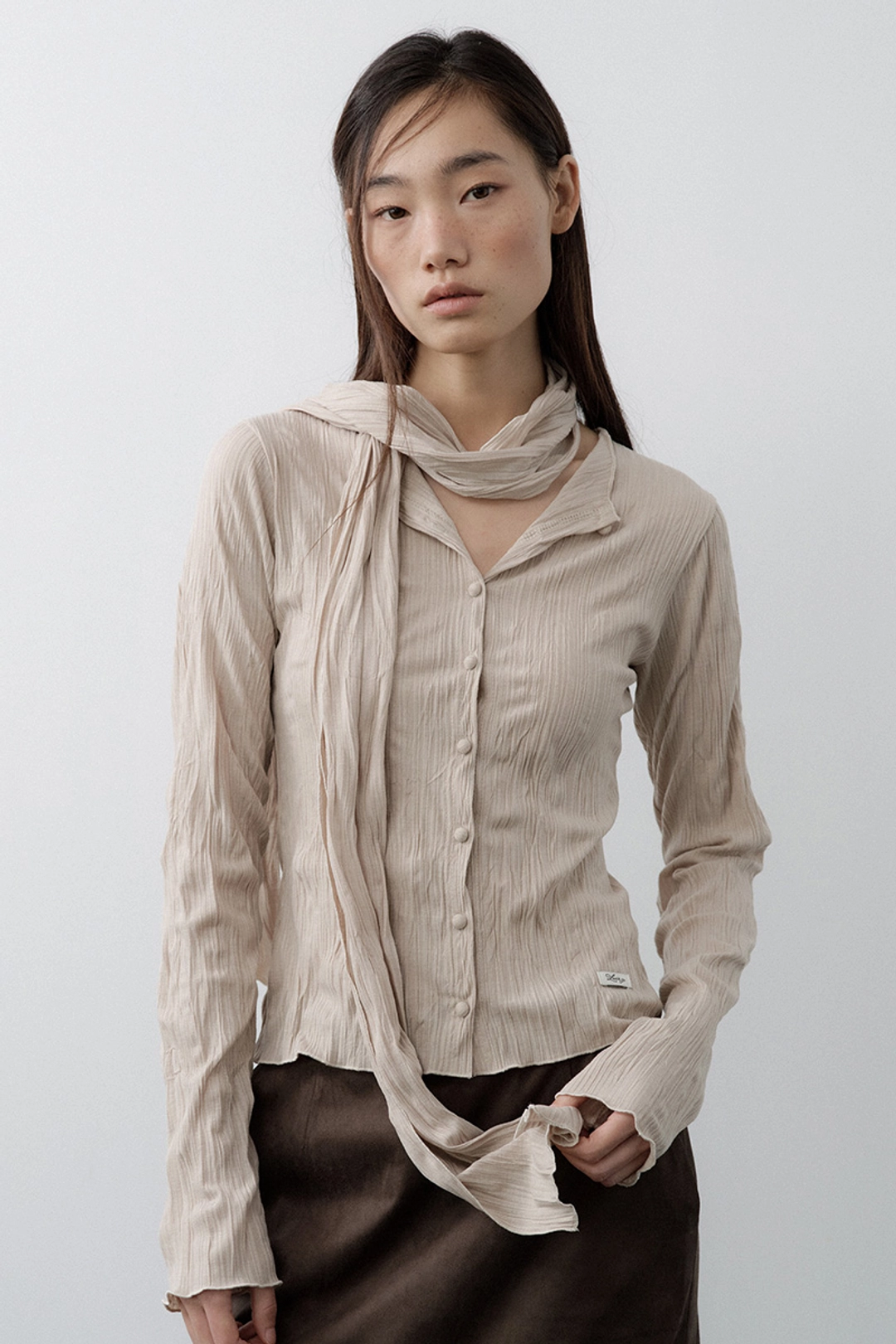 루시르주 Pleated Cardigan Scarf Set (Beige) 상품 이미지 1