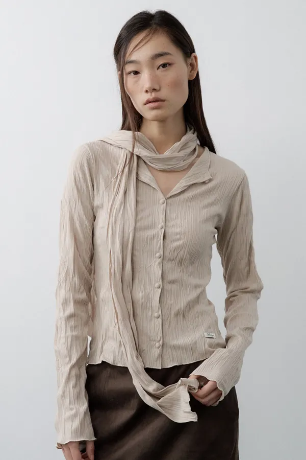 Pleated Cardigan Scarf Set (Beige)