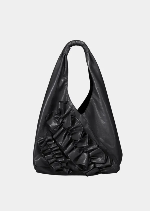 ORIGAMI RUFFLE LEATHER BAG - BLACK