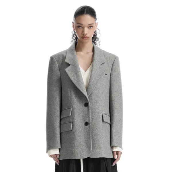Back-Button Oversized Wool Blazer [ Gray ]