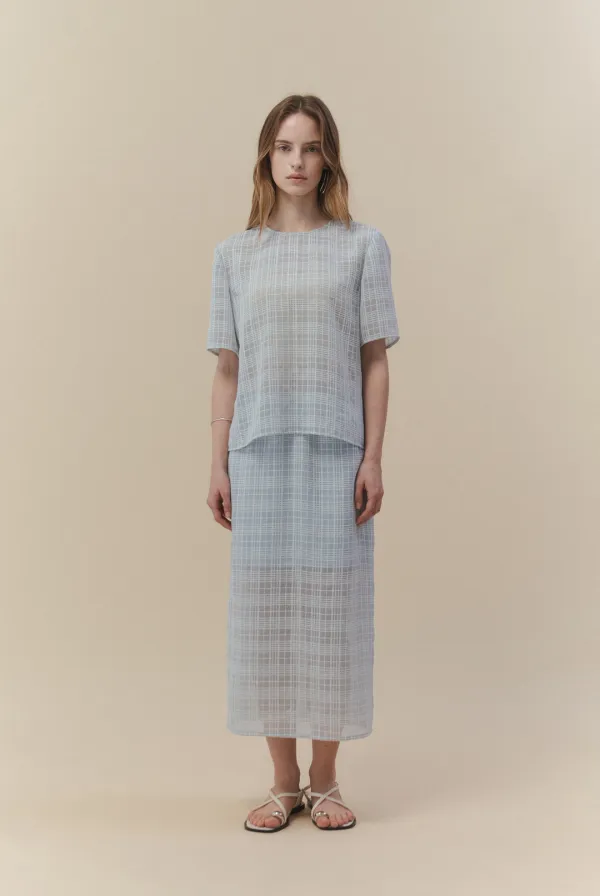 Cecile Check Midi Skirt (Sky Blue)
