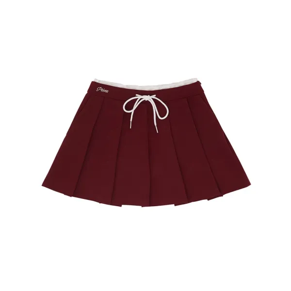 Drawstring Pleated Mini Skirt (wine red)