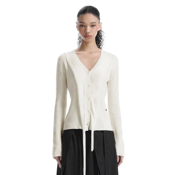 V-Neck Scarf Knit Cardigan [ Ivory ]