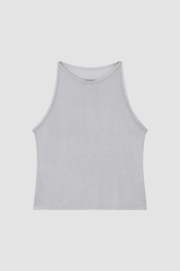 SHEER GLOSSY HALTER KNIT TOP_SILVER