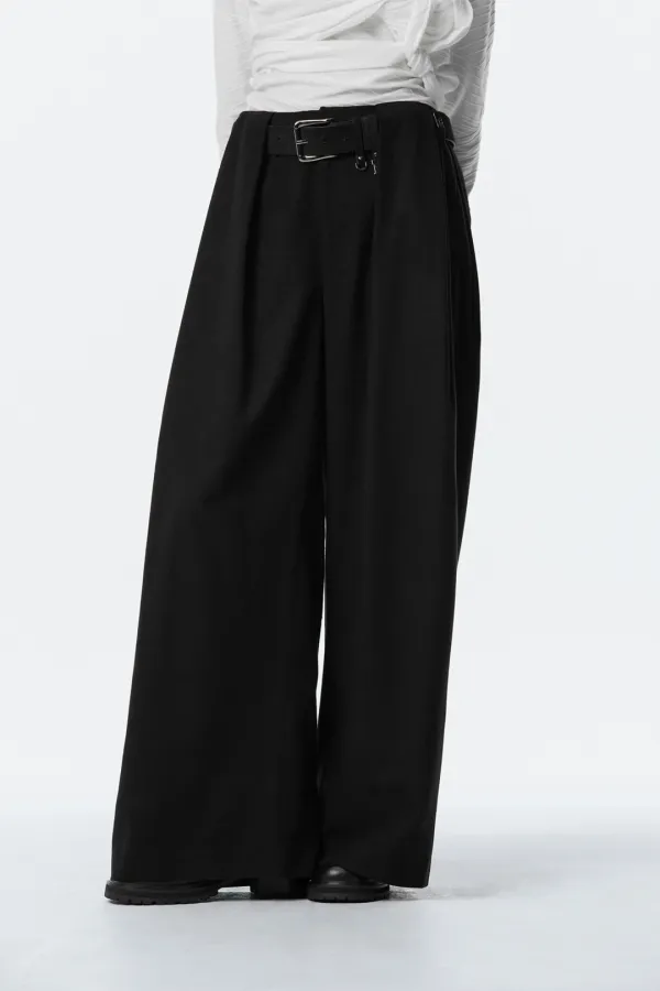 Wide Wool Tuck Slacks [ Black ]