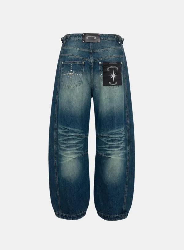 [w-pts26-010] Star-Studded Barrel Jeans - Mid Blue