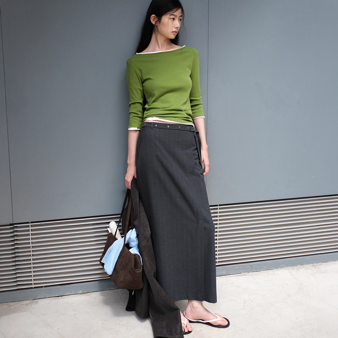 아뜰리에 나인 (SK-5125)EYELET BELTED STRIPE LOW RISE MAXI SKIRT S 상품 이미지 1