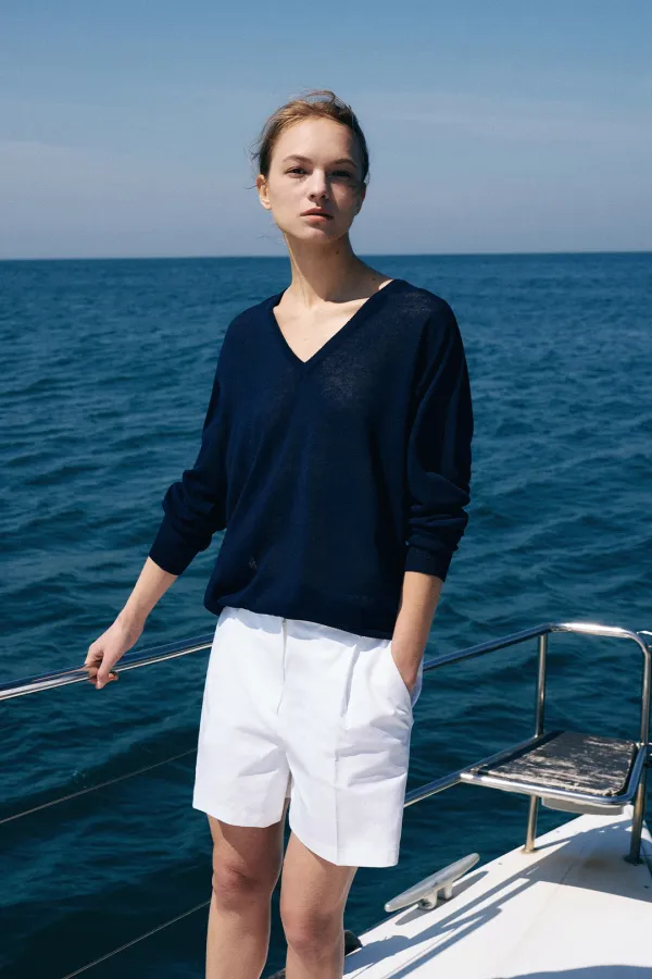 Holgament V-Neck Linen Knit Top[LMBFSU25KN281]-Navy