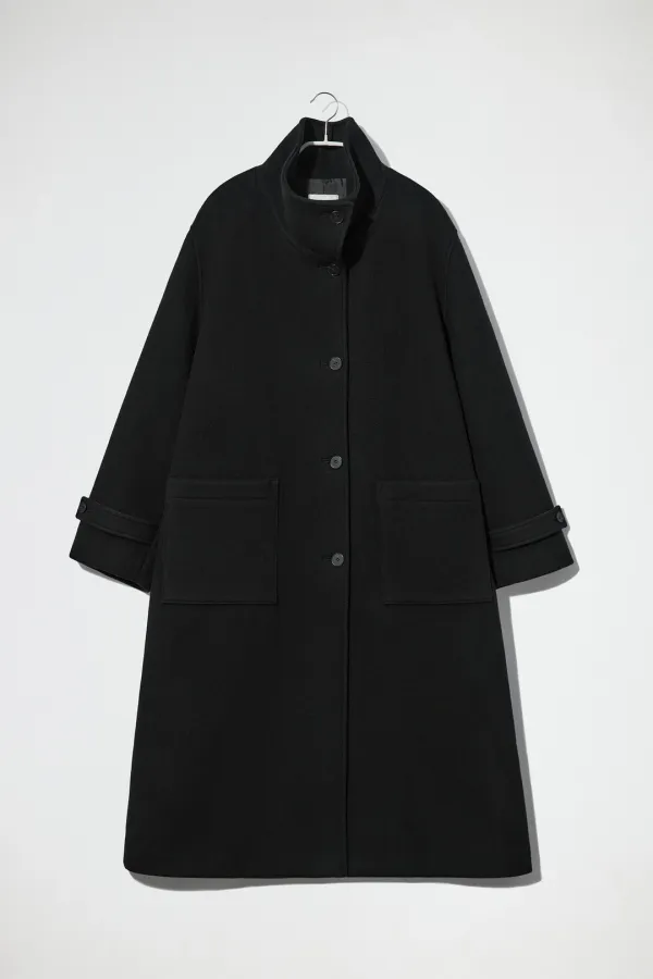 OVERSIZED HIGH NECK WOOL LONG COAT - BLACK