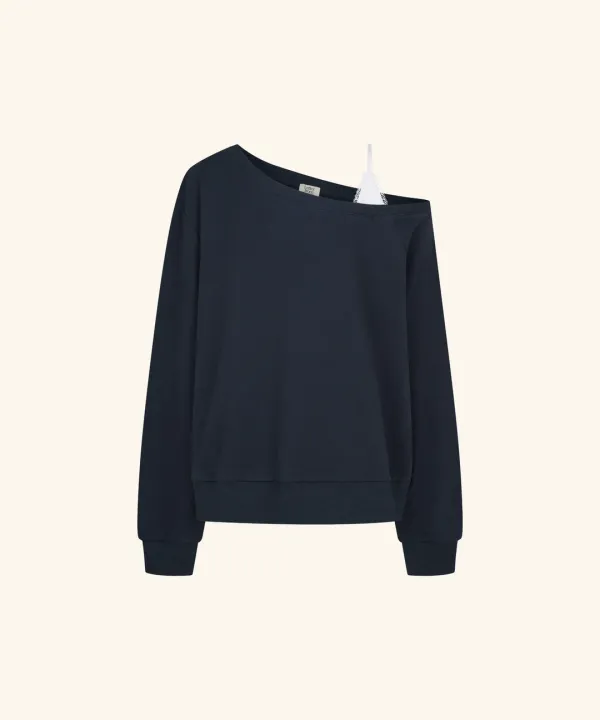 Duet Lace Layered One-Shoulder Sweatshirt (Navy)