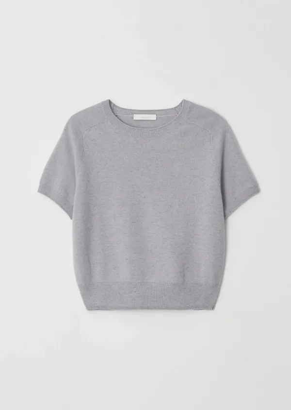 wool round neck half sleeve knit top-sky blue