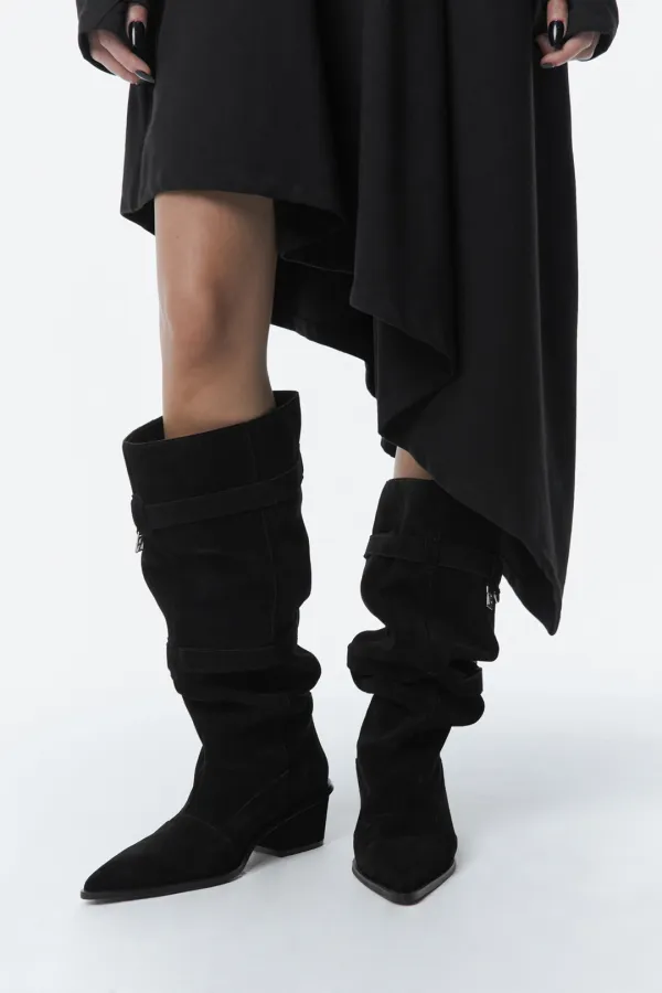 Suede Slouch Belted Long Boots [ Black ]