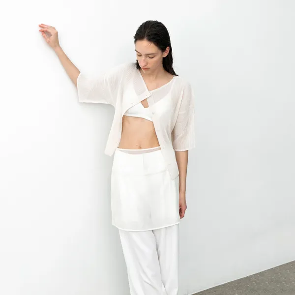 (CD-2229)PLEATS BOAT NECK HALF CARDIGAN