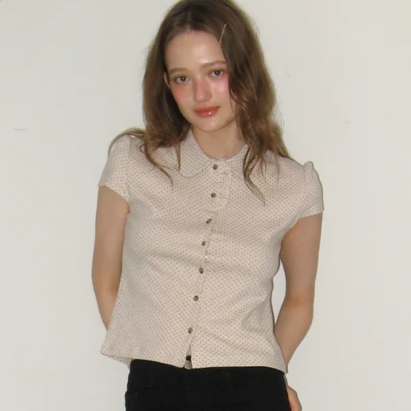 DOT RUFFLE SHORT SLEEVE SHIRT OATMEAL